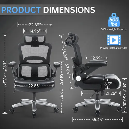 Miniatura 2 de Silla de oficina grande y alta de 500 libras, silla de escritorio ergonómica resistente con soporte lumbar ajustable, silla ejecutiva de computadora