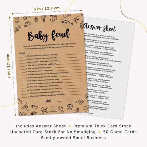 Miniatura 3 de GardenCity 50 tarjetas de juego de peleas familiares para baby shower, divertidos juegos de baby shower para niños o niñas, género neutro, papel