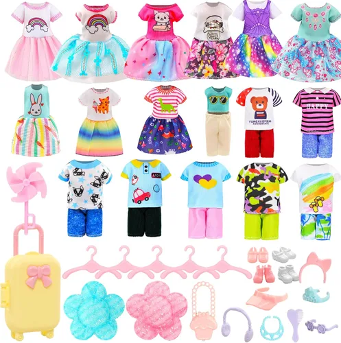 Miunana Vestido de muñeca de 5.3 pulgadas, 36 piezas, ropa y maleta y sombreros para muñecas de 4 a 6 pulgadas, camiseta y pantalones, trajes de