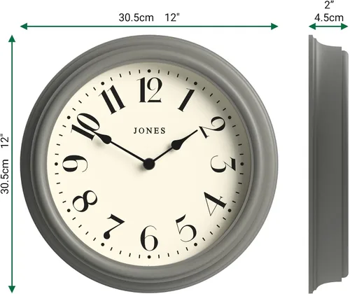 Miniatura 3 de JONES CLOCKS® Serenity - Reloj de pared Reloj redondo clásico 12 pulgadas Gris medio Números arábigos bonitos Diseño decorativo ideal