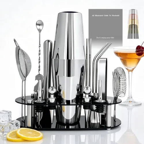 Miniatura 8 de Juego de Coctelera para Bartender con Soporte - Juego de Herramientas de Bar de 16 Piezas, Juego Mezclador de Bebidas Incluye: Cocteleras, Jigger