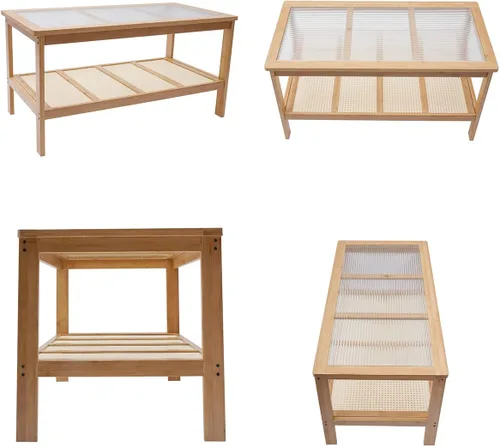 Miniatura 8 de Gdrasuya10 Mesa de centro moderna de bambú para sala de estar, mesa auxiliar rectangular de 2 niveles, mesa central de vidrio, estante