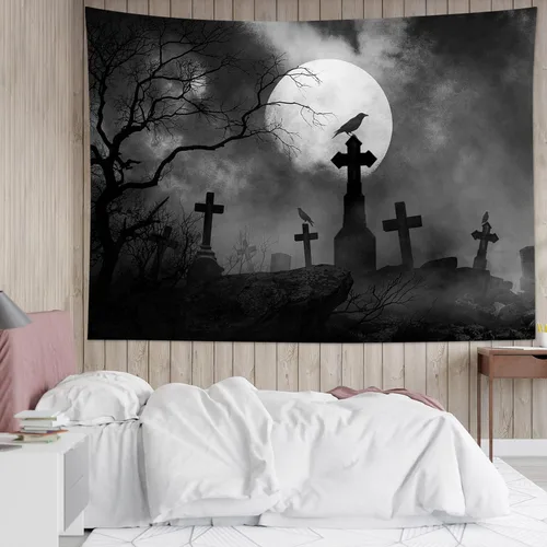 Miniatura 4 de HVEST Tapiz de Halloween de luna llena, lápida de cuervo negro, árbol muerto, tapiz para dormitorio, cementerio gris aterrador, bosque, decoración