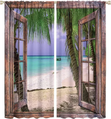 Miniatura 44 de Cortinas de paisaje, ventana tropical con vista al mar, océano, playa, barco, cortinas con estampado de palmeras para dormitorio, sala de estar, Mar