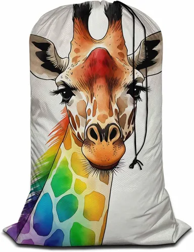Swono Bolsa de lavandería extra resistente de jirafa colorida, diseño de jirafa arcoíris de acuarela, bolsa con cordón ajustable y tela resistente
