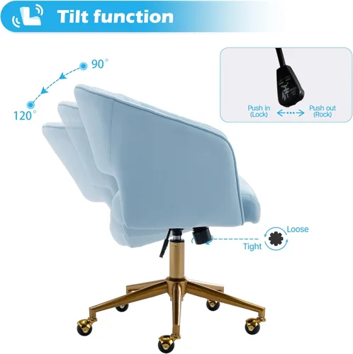 Miniatura 5 de KCC Silla de oficina en casa, silla giratoria de escritorio, sillón tapizado moderno con base dorada para niñas y mujeres, asiento de estudio Azul