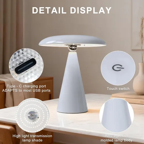 Miniatura 5 de Lámpara de setas de mediados de siglo moderna, lámpara de mesa LED recargable sin cable, luz de cabecera regulable táctil de 3 temperaturas