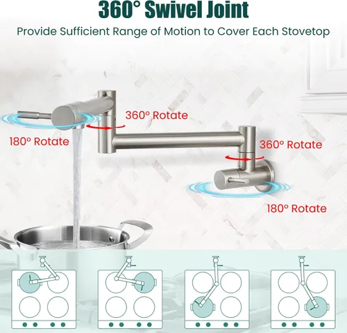 Miniatura 2 de Heyalan Pot Filler - Llenador de ollas de 19 pulgadas para montaje en pared, plegable, extensible, grifo de cocina/restaurante de acero inoxidable