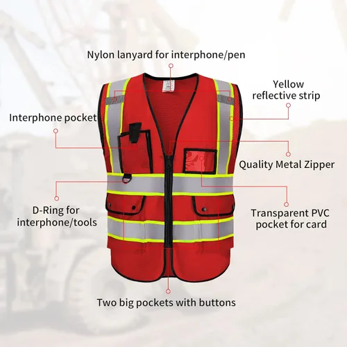 Miniatura 4 de Custom Logo Safety Vest High Visibility Reflective Vest Class 2 Standard with Pockets and Zipper K-rojo-1pack-personalizado