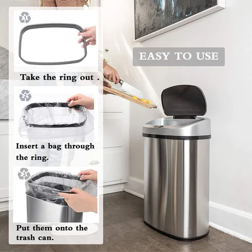 Miniatura 6 de Bote de basura de 13 galones con tapa, botes de basura automáticos para cocina, 50 L, con sensor de movimiento, cubo de basura de acero inoxidable