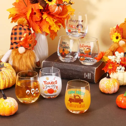 Miniatura 2 de Zhehao 12 vasos de vino sin tallo de Acción de Gracias de 12 onzas, vasos de calabaza y pavo, vasos de vacaciones, regalos ideales para otoño