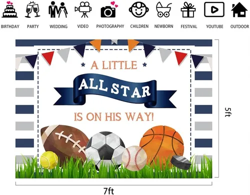 Miniatura 7 de Lofaris A Little All Star is On His Way - Telón de fondo para baby shower, niños, deportes, cumpleaños, fútbol, baloncesto, tenis, golf, recién