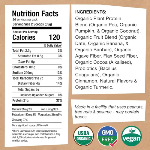 Miniatura 2 de EarthChimp Proteína vegana orgánica en polvo, con probióticos, sin OMG, sin lácteos, sin suero de leche, proteína en polvo a base de plantas
