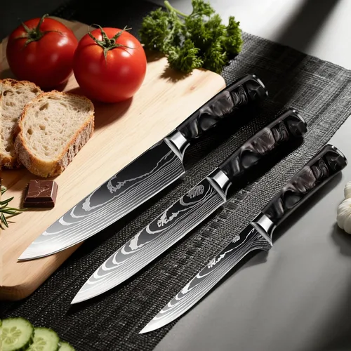 Miniatura 9 de Juego de 10 cuchillos de cocina japoneses de alta calidad, colección Imperial, patrón láser de damasco, acero inoxidable 440A ultra afilado