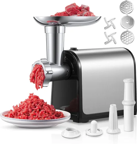 HOUSNAT - Picadora de carne eléctrica, 3200 W máximo para uso doméstico, picadora de carne resistente 3 en 1 con 2 cuchillas y 3 platos, tubo de