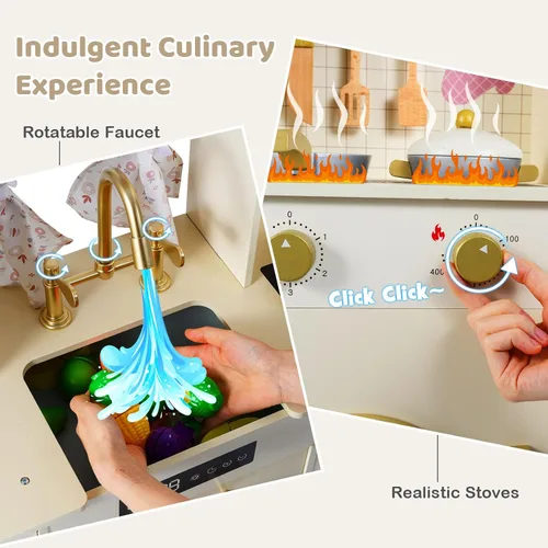 Miniatura 3 de Costzon Cocina de Juego para Niños, Set de Juego de Cocina de Juguete de Madera con Máquina de Hielo, Cafetera, Lavadora, Cortina, Microondas
