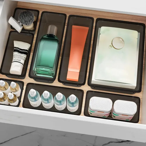 Miniatura 7 de ElegantArray Juego de organizador de cajones de 12 piezas, 4 tamaños, organizador de tocador de plástico versátil para maquillaje, papelería, Negro
