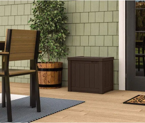 Miniatura 6 de Suncast - Caja pequeña de 22 galones y resina ligera para asiento y almacenamiento en terraza exterior de cojines de patio, herramientas de Marrón