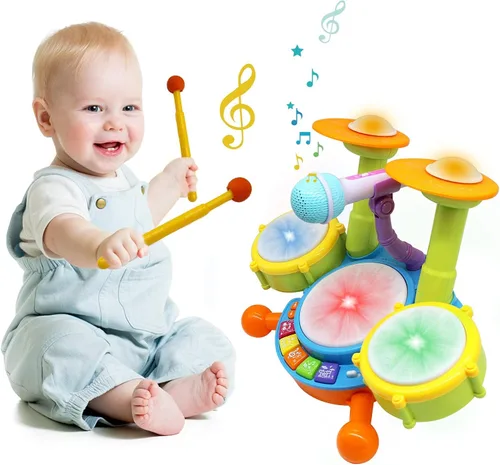 Miniatura 2 de Juego de batería para niños pequeños, instrumentos musicales para niños, juguetes para regalos de cumpleaños de niños, kit de batería eléctrica
