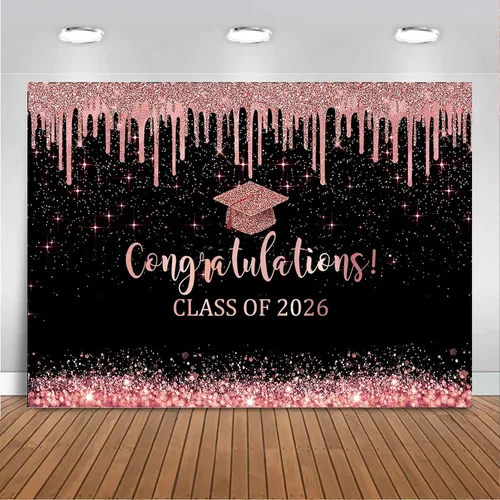 Miniatura 9 de Mocsicka Fondo de graduación de 7 x 5 pies 2026, decoraciones de graduación negro y dorado, pancarta de felicitaciones de graduación 2026, fondo