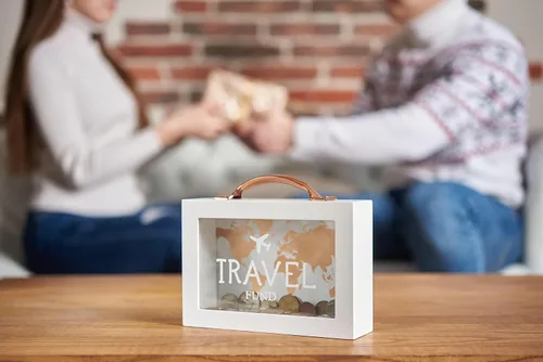 Miniatura 7 de Caja de dinero de sombra para ahorro de viaje - Banco de monedas para adultos - Tarro de vacaciones - Caja de ahorro blanca con asa - Fondo de luna
