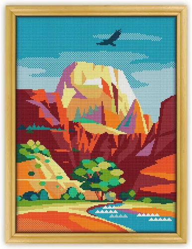Zion National Park K423 Kit de punto de cruz contado # 3. hilos, agujas, tela, aro de bordado y patrón de color impreso en el interior