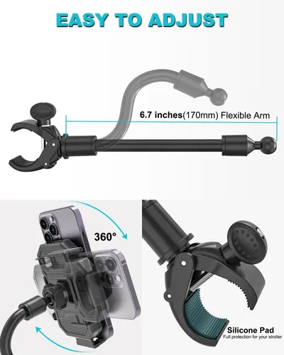 Miniatura 6 de Soporte de teléfono para cochecito, soporte de teléfono celular para cochecito de bebé, carrito de compras, cuello de cisne flexible y abrazadera