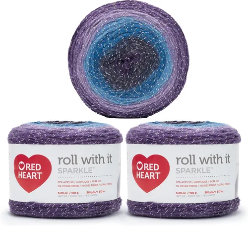 Red Heart Roll with It Sparkle - Hilo de amatista – Paquete de 3 unidades de 5.29 oz/5.3 onzas, mezcla acrílica, 4 medianos (peinado), 561 yardas,