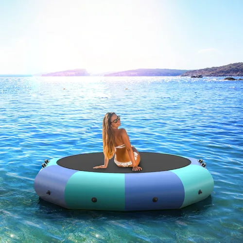 Miniatura 9 de GYMAX Trampolín de agua, trampolín flotante para lago con bomba eléctrica y escalera de cuerda, gorila de agua inflable para lago, resistente