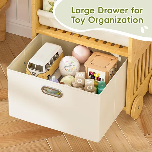 Miniatura 6 de Estantería de bambú de 2 lados y 3 niveles para niños, estante Montessori con ruedas seguras y cajón de almacenamiento grande, estantería