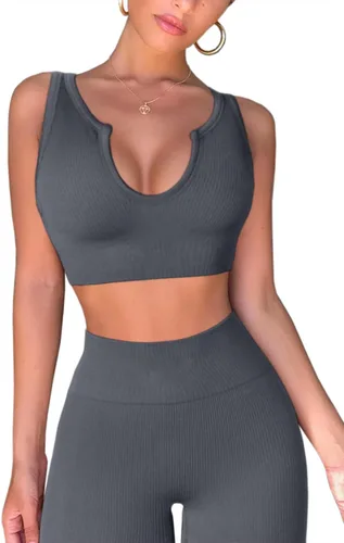 Miniatura 3 de QINSEN Conjuntos de entrenamiento para mujer, 2 piezas, acanalados, sin costuras, sin mangas, cintura alta, leggings de yoga