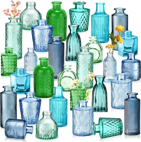 Yaomiao 30 jarrones de vidrio de flores de colores a granel, botellas de vidrio de colores vintage, coloridos rústicos en relieve para decoración de