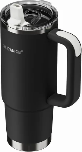 Vaso aislado higiénico de 30 onzas con asa, tapa 100% a prueba de fugas con boquilla extraíble y popote, base reforzada de protección al vacío, apto