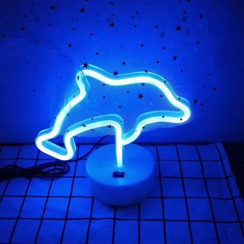 Miniatura 8 de Señales LED de neón con forma de delfines azules, luz de neón con base y USB, funciona con pilas, letreros de luz LED para fiesta de cumpleaños