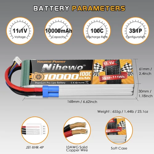 Miniatura 3 de 3S Lipo Batería 11.1V 10000mAh 100C Batería RC Estuche suave EC5 Plug Compatible para RC Car Truck Tanque Avión, Dron, Barco, Carreras, Modelos