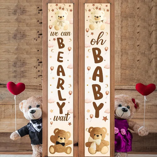 Miniatura 8 de Decoración de baby shower con texto en inglés «We Can Bearly Wait», 2 unidades, oso para baby shower, porche, letrero de revelación de género