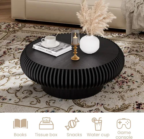 Miniatura 3 de Mesa de centro redonda de tambor estriado para sala de estar, mesas de centro modernas de mediados de siglo con pedestal resistente, mesa de té negro