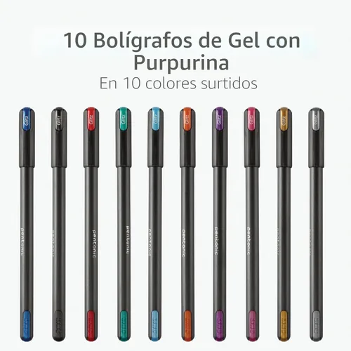 Miniatura 3 de Pentonic Bolígrafos de Gel con Purpurina, 10 unidades, 10 colores surtidos, punta gruesa de 1.0 mm, escritura suave para journaling, toma de notas