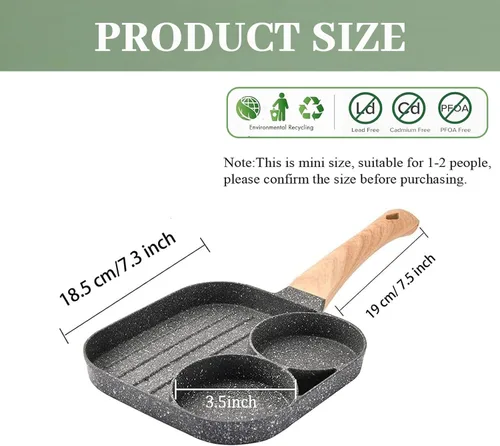 Miniatura 4 de JUSTUP Sartén antiadherente para huevos, mini sartén antiadherente 3 en 1, sartén dividida, mango resistente al calor, sartén de 3 secciones, mini