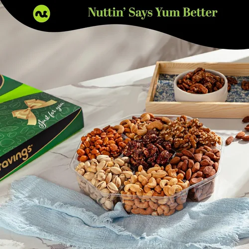 Miniatura 3 de NUT CRAVINGS - Cesta de regalo de frutos secos mixtos en caja de oro verde (7 surtidos, 2 libras) golosinas para adultos, arreglo de alimentos