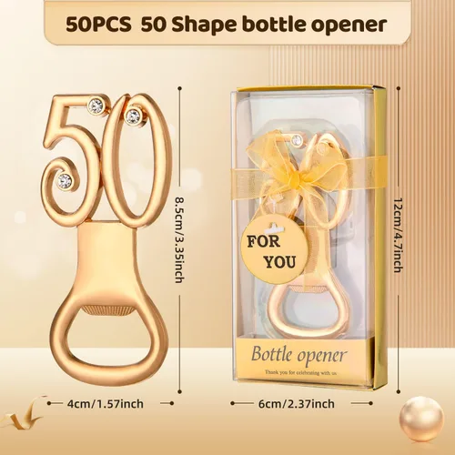 Miniatura 2 de 50 recuerdos dorados de fiesta de cumpleaños número 50 con diamantes de imitación, perfectos para invitados, 50 abridores de botellas de cerveza