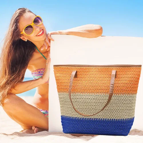Miniatura 110 de Bolso grande de paja para mujer, tejido de ratán, bolso de playa de verano, a rayas