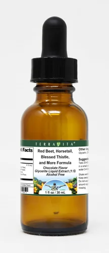 Terravita Extracto líquido de glicerita de remolacha roja, cola de caballo, cardo bendito y más fórmula (1:5), sabor a chocolate (1 oz, ZIN: 523804)