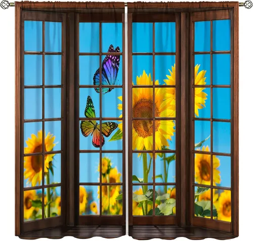 Miniatura 20 de Sunflower Curtains for Living Room Bedroom, Spring Nature Blue Sky and Butterfly Window Drapes, Rustic Wooden Fence Floral Botanical Decor, 2 Panels