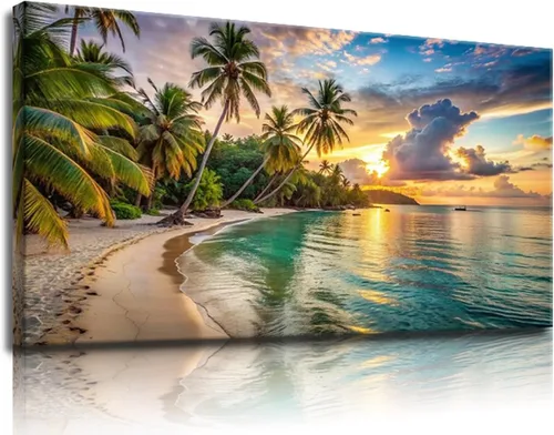 Bamdeya Sunset Beach Canvas Wall Art Coastal Picture Tropical Artwork Ocean Decor Seascape Paintings Landscape Prints Framed for Bedroom Living Room