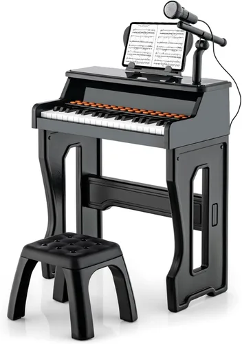 HONEY JOY Piano para niños, piano de teclado negro de 37 teclas para niños con soporte de música y banco, regalo para bebés con micrófono,
