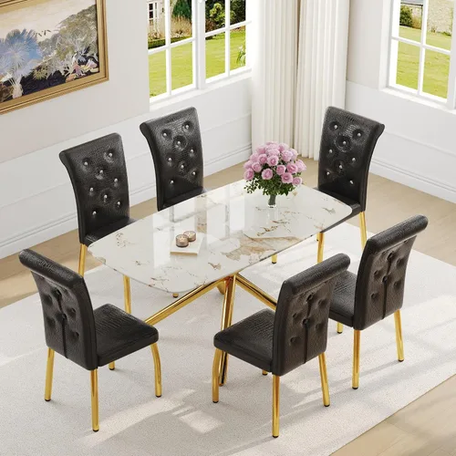 Miniatura 14 de Juego de mesa de comedor moderna para mesa de comedor negra de 4,63 pulgadas, juego de 4 con patas de metal dorado, mesa de cocina rectangular