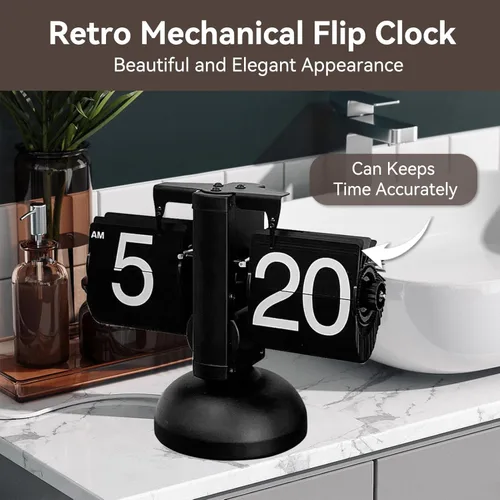 Miniatura 8 de HERCHR Reloj con tapa retro, reloj digital automático con función de página mecánica, reloj de escritorio retro digital abatible, funciona con Negro