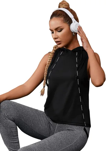 Miniatura 7 de SweatyRocks Camiseta sin mangas con capucha para mujer, con estampado de letras, de secado rápido