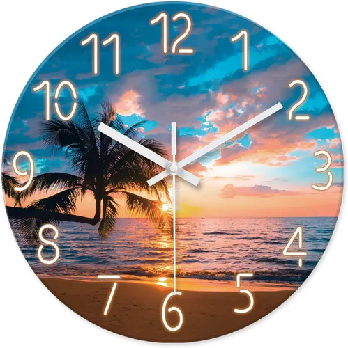 Miniatura 9 de XFM Reloj de pared de playa, silencioso, sin tictac, funciona con pilas, reloj de pared de 12 pulgadas con palmera tropical azul océano azul Blue7